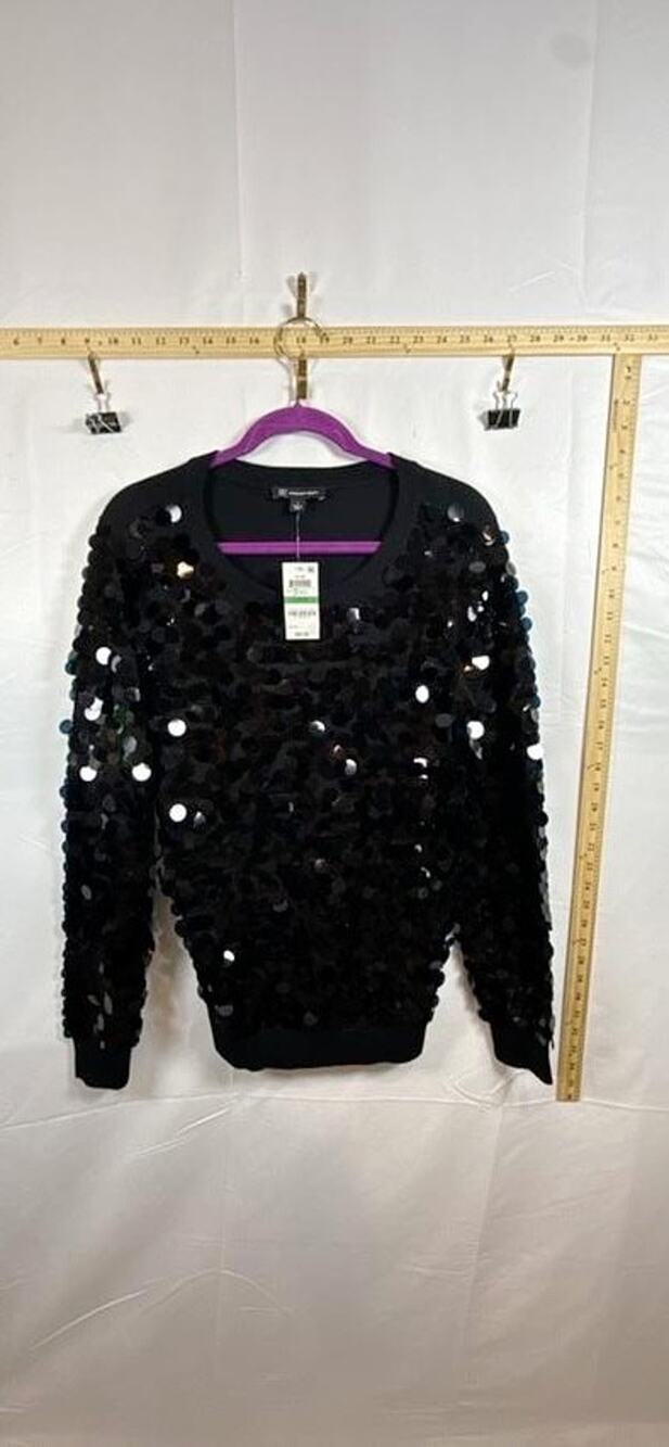 INC International Concepts Womens Sweater NWT L Black Sequin Glam Crewneck Top